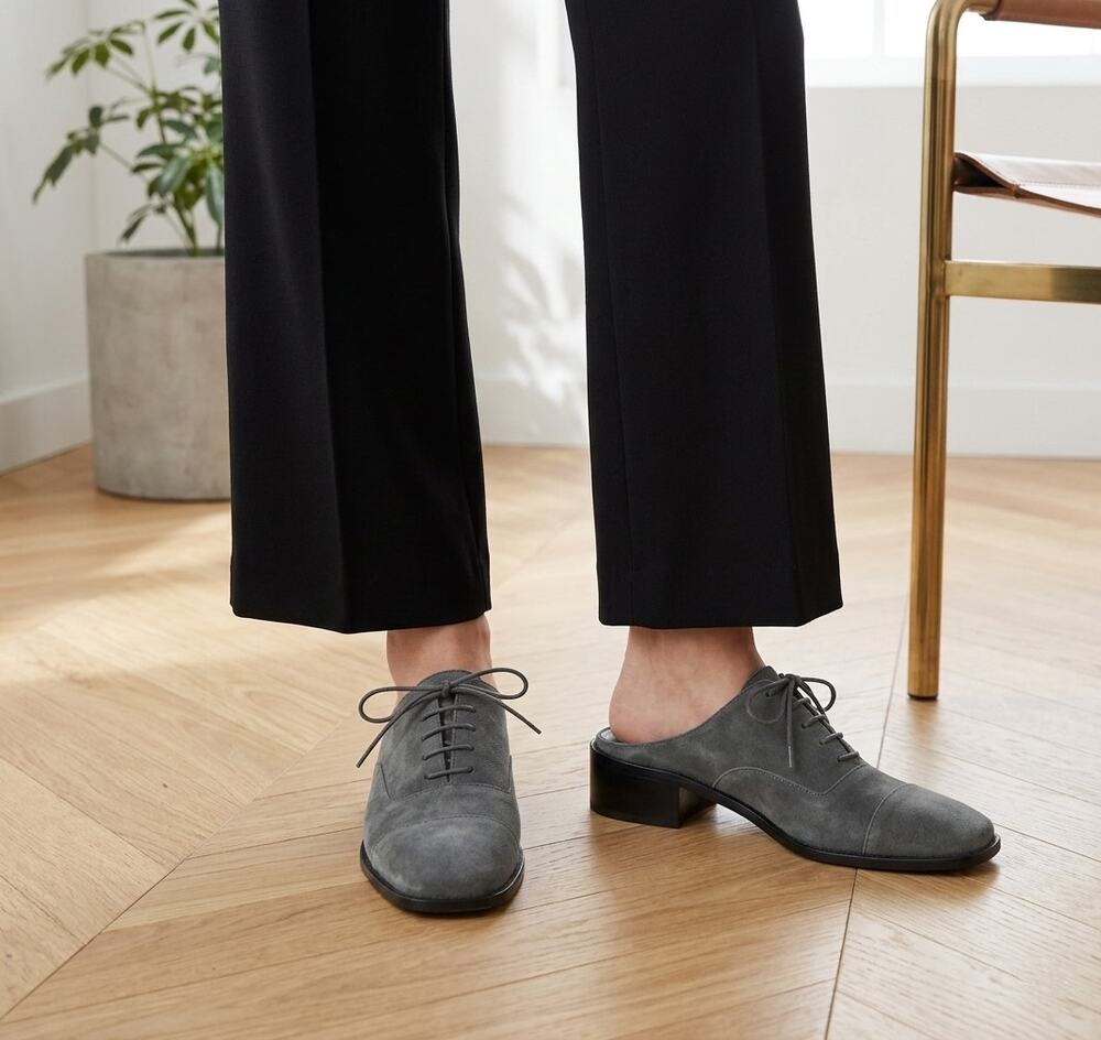 Stuart Weitzman Halfdays Oxford Mule Slides in Charcoal Suede, Size 7.5 M